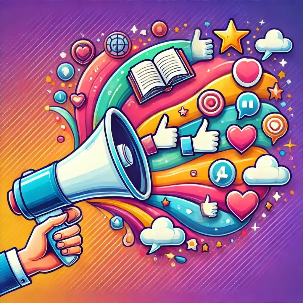 Cartoon illustration of a bullhorn projecting colorful icons symbolizing storytelling elements like books, hearts, thumbs-up, and speech bubbles, representing brand storytelling.